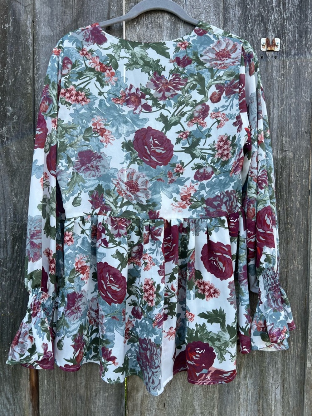Romantic Floral V-Neck Peplum Blouse in White, Burgundy & Sage - Picture 2 of 6